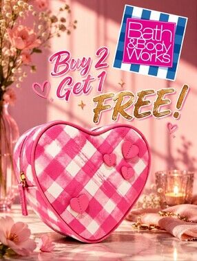 Bath & Body Works Pink & White Gingham Print Heart Shaped Cosmetics Bag